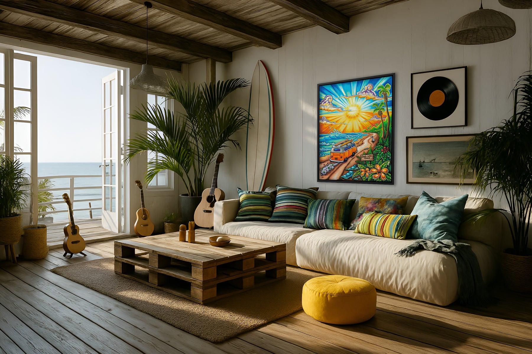 Drew Brophy “Sublime Morning” surf art print featuring dawn-patrolling VW bus, surfers, pup Lou Dog, and sunrise wave in psychedelic sacred geometry style