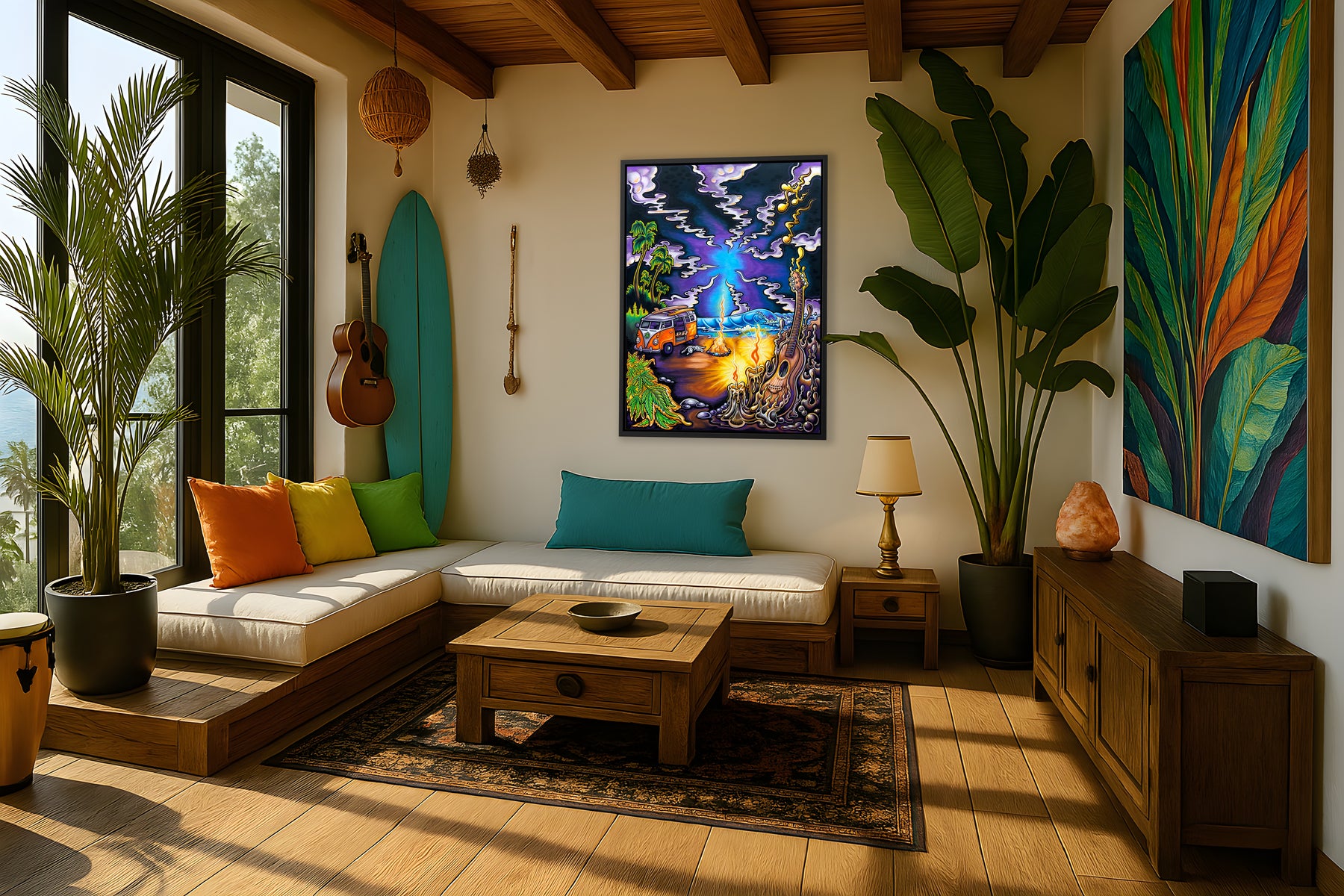 Drew Brophy “Sublime Night” surf art print featuring VW van campfire by the ocean at sunset, surfer’s girlfriend, and Lou Dog curled up—psychedelic evening sacred geometry style