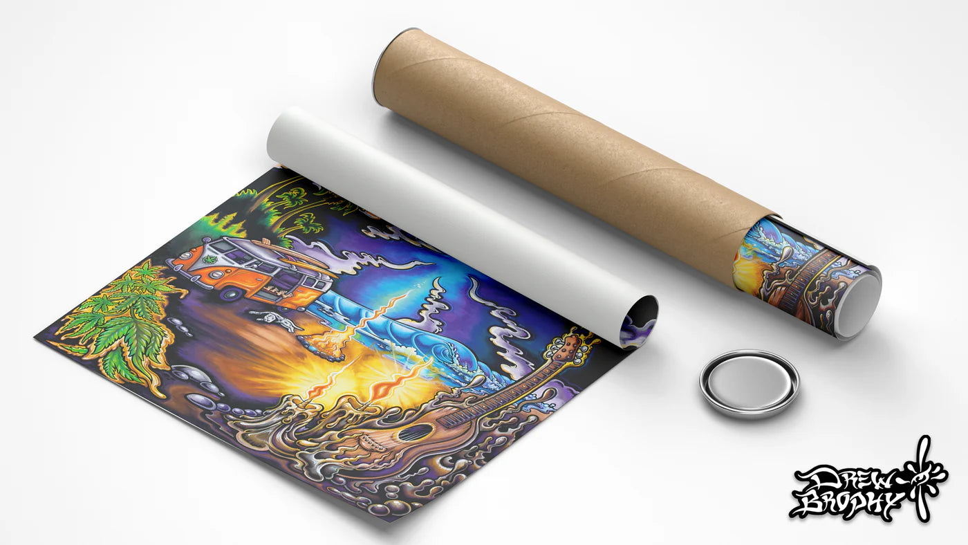 Drew Brophy “Sublime Night” surf art print featuring VW van campfire by the ocean at sunset, surfer’s girlfriend, and Lou Dog curled up—psychedelic evening sacred geometry style
